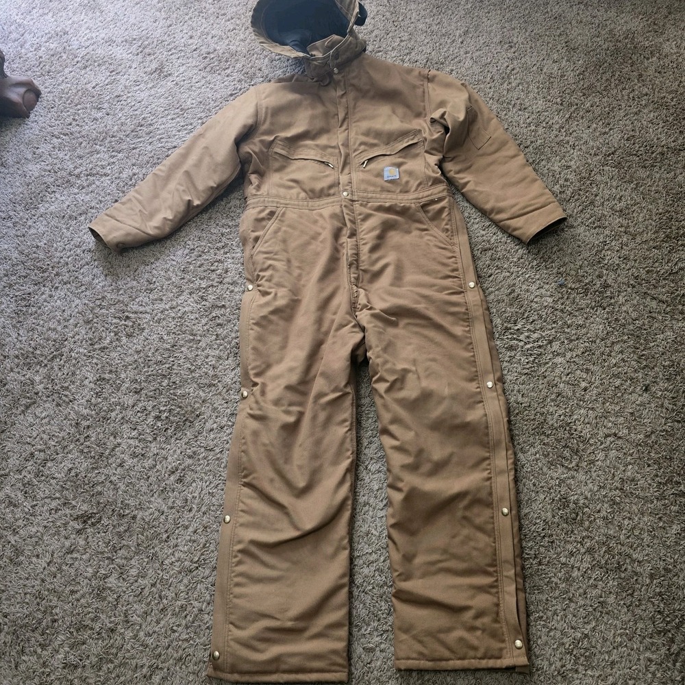 Carhartt X01 BRN Quilted Red Lined Work Coveralls Brown Size 48 Reg With Hood